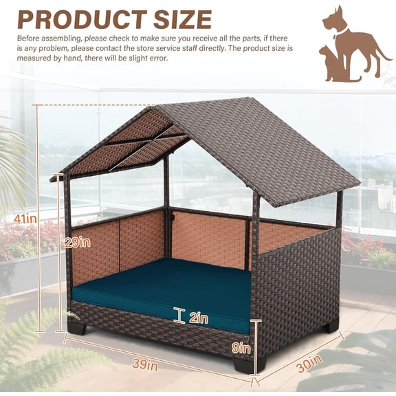 HDPE Wicker Dog House for Medium Big Dogs with Canopy and Cushion, Outdoor Pet Bed Shelter Brown