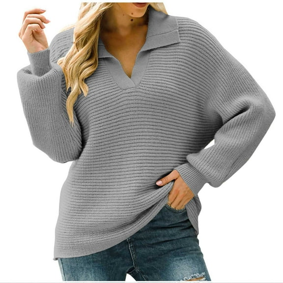 Honeeladyy Women's Casual Fashion Long-Sleeved Color Turn-down Sweater Loose Pullover Lapel Sweater