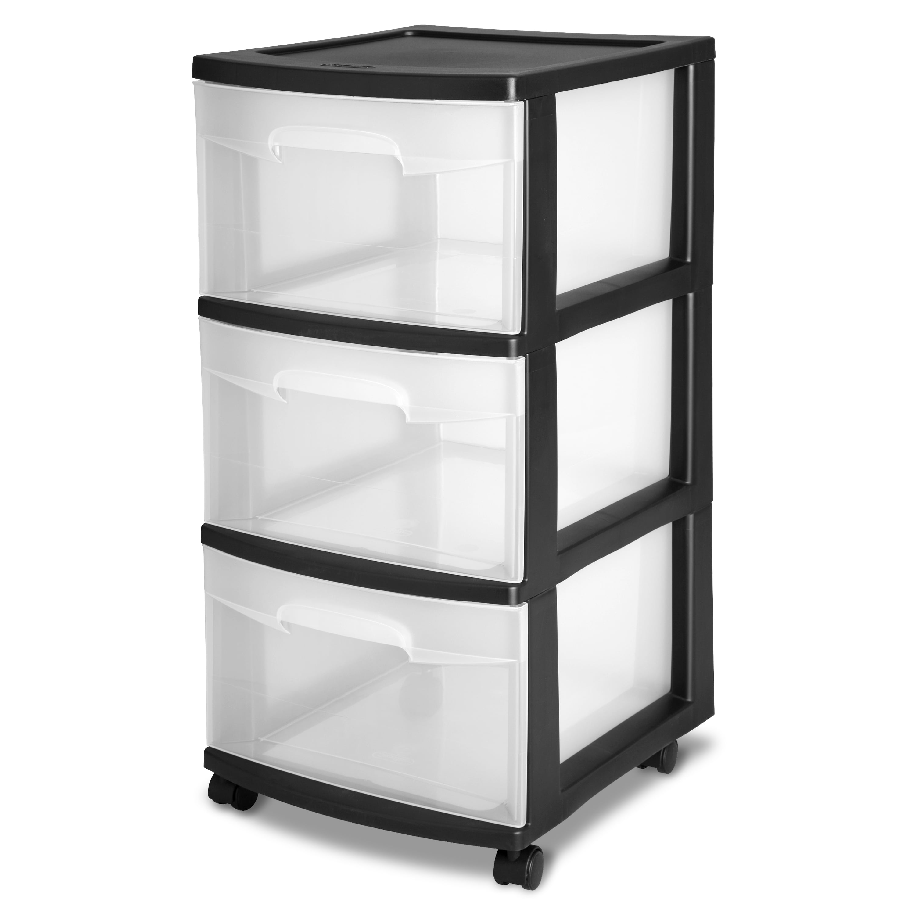 Sterilite 28308002 3 Drawer Cart 12.63 Inches, 4-Pack White Frame with Clear Drawers and Black Casters 