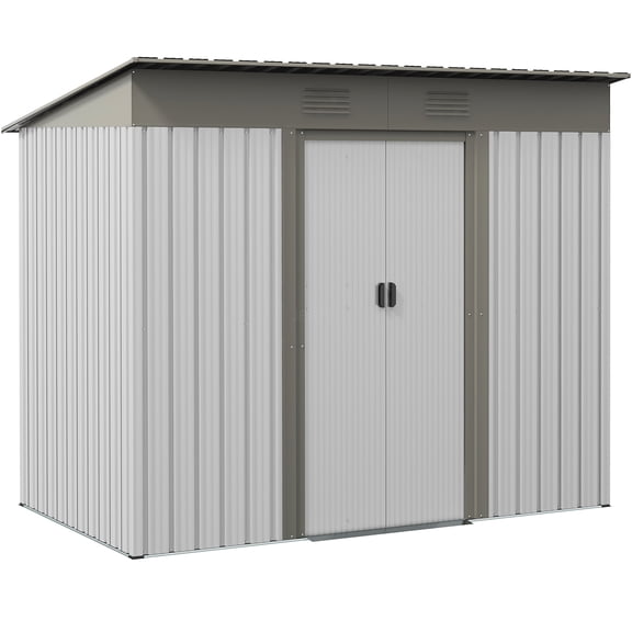 JERFIT 7x4 ft Metal Lean-to Storage Shed with Double Sliding Doors, Steel Outdoor Garden Tool Shed, Weather-Resistant Lockable Utility Shed with Ventilation for Backyard, Patio & Lawn