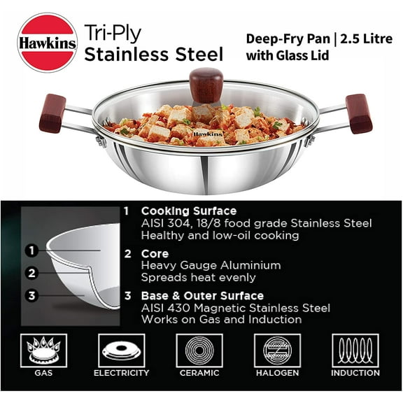 Hawkins 2.5 Litre Deep Fry Pan, Triply Stainless Steel Kadai with Glass Lid, Flat Bottom Induction Kadhai, Silver (SSD25G)