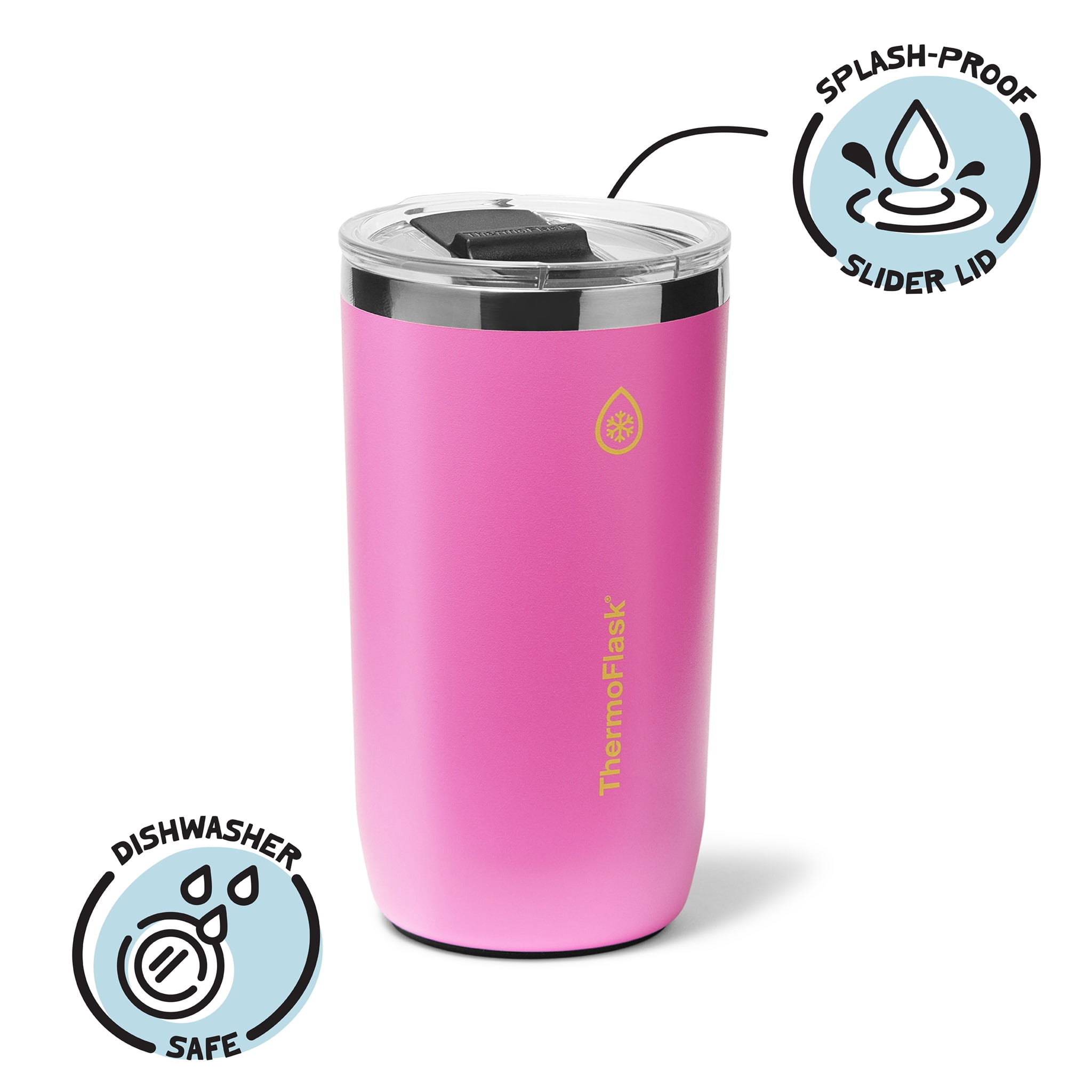 ThermoFlask Drinkware 16 oz Beer Tumbler - Double-Wall Insulated for Cold & Hot Drinks - Lightweight & Simple Cup with Innovative Press In Slider Lid - Modern & Durable -Shocking Pink
