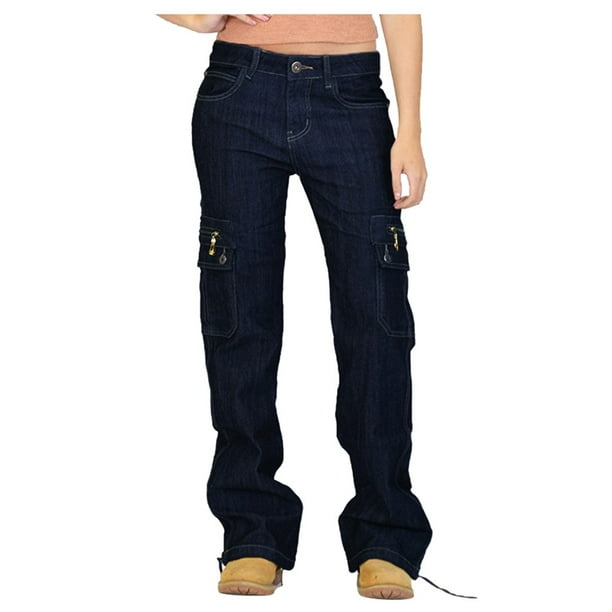 Lolmot Women Destoryed Flare Jeans Button Wide Leg Denim Cargo Pants Combat  Jeans