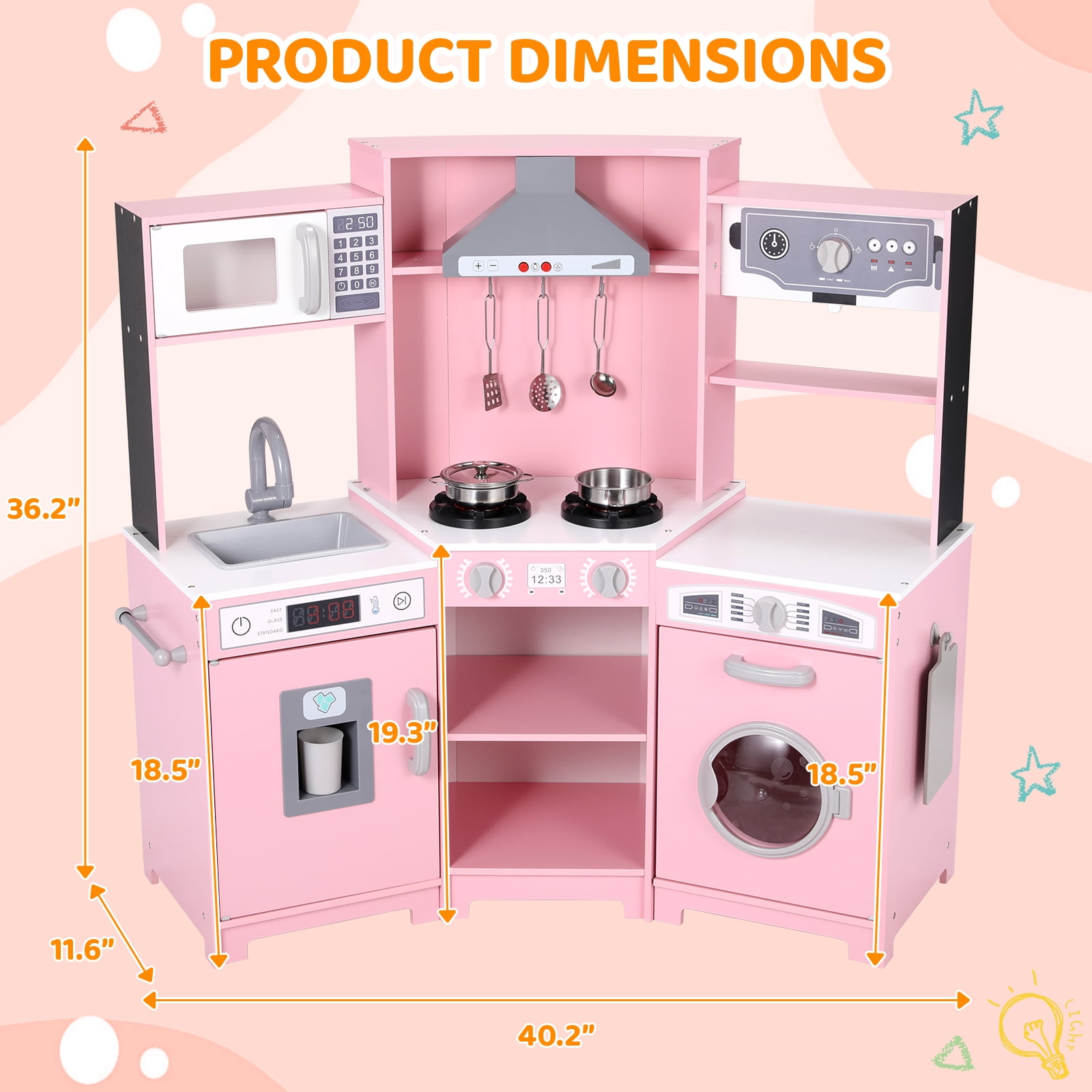 LAZY BUDDY Wooden Corner Play Kitchen Set, Kids Cooking Playset Toddler Pretend Interactive Toy with Realistic Sound & Light