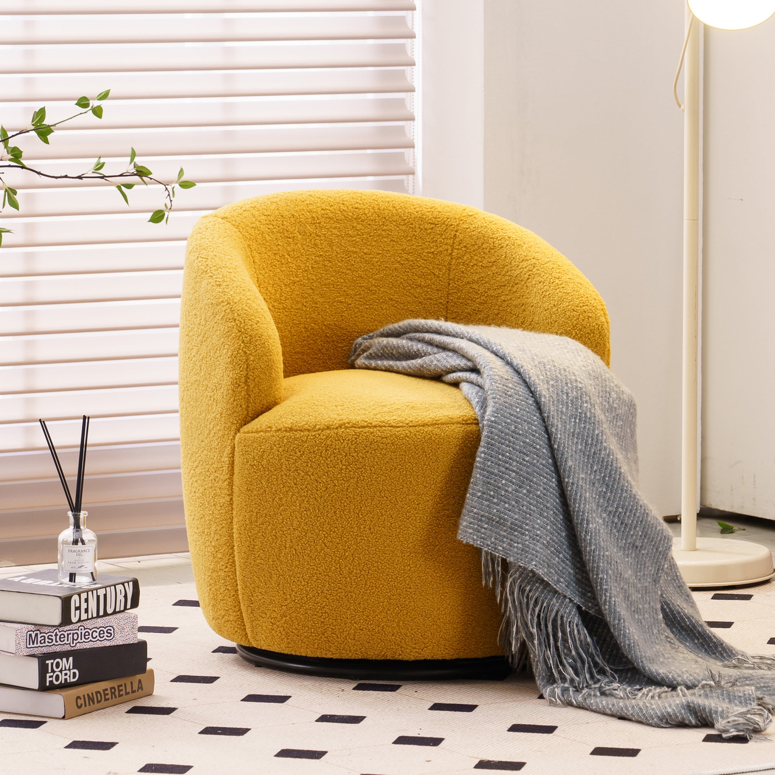 Yellow Teddy Fabric Swivel Accent Armchair Barrel Chair With Black