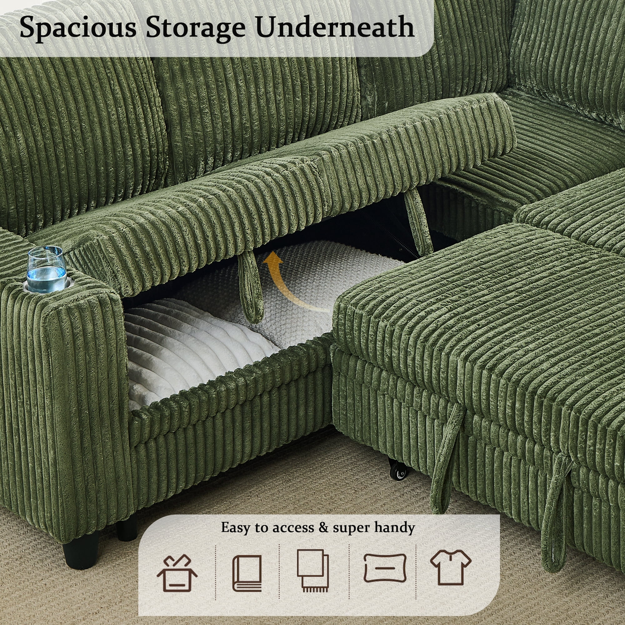 5-Seat L-Shaped Sectional Sofa with Pull-Out Bed, Reversible Chaise with Storage, Sleeper Sofa Couch Bed with USB & Type-C Charging Ports, Chenille Fabric Couch for Living Room, Apartment