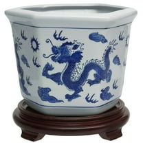 Oriental Furniture 10" Dragon Blue & White Porcelain Flower Pot