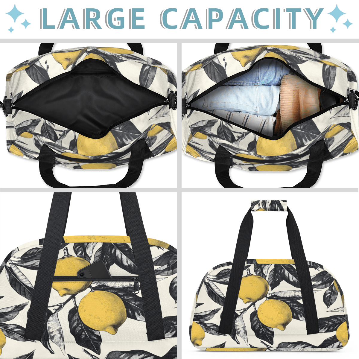 Herdesigns Lemon Sports Duffle Bag for Women & Men, Gym Bag Dance Bag Overnight Bag Carry On Weekender Travel Bag