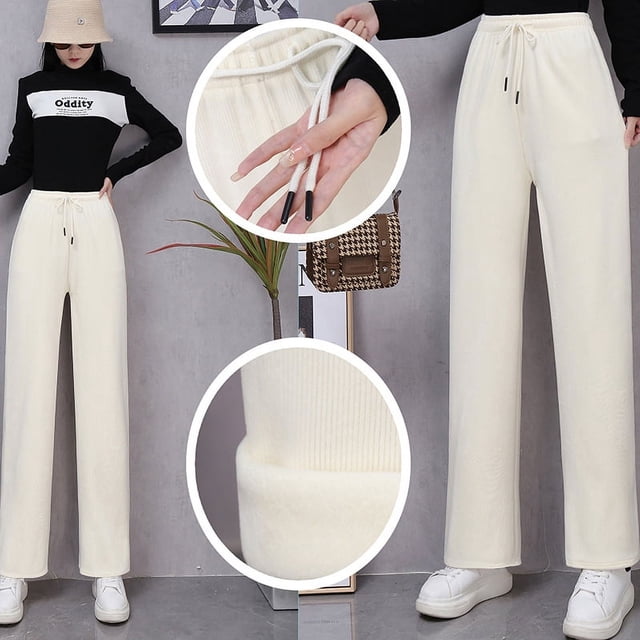 Pantalones de color crema, pantalones de pana de pierna ancha, pantalones de invierno para mujer, pantalones holgados de cintura alta con forro polar, pantalones casuales rectos que combinan con todo