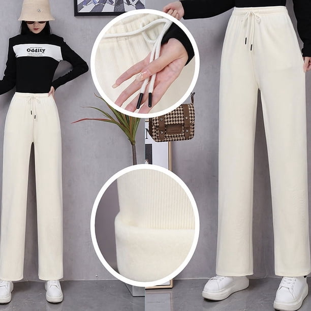 Pantalones de color crema, pantalones de pana de pierna ancha, pantalones de invierno para mujer, pantalones holgados de cintura alta con forro polar, pantalones casuales rectos que combinan con todo