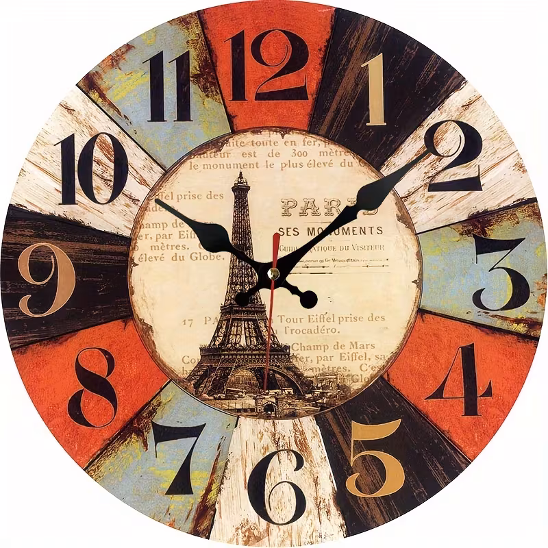 Yoofine Vintage Paris Eiffel Tower Round Wall Clock, Silent MDF 10 Inch