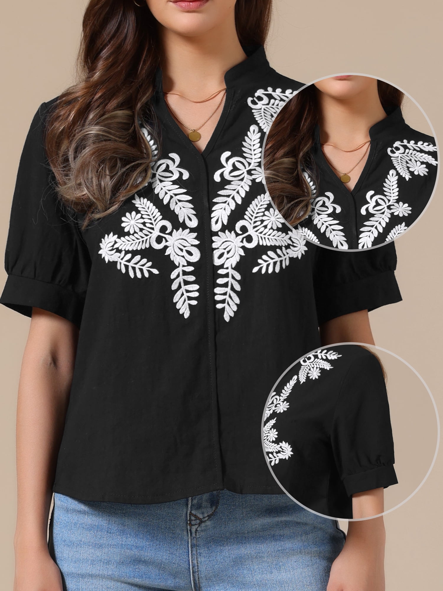 DARING DIVA Women's Cotton Floral V Neck Short Sleeve Embroidered Blouses Tunic XL Black