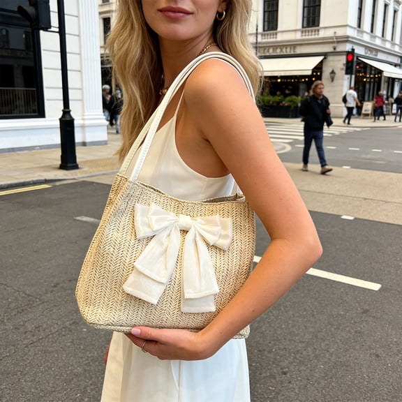 MMJ Straw Shoulder Bag Large Tote Women Handwoven Summer Beach Casual Bow Crossbody Purse Vacation