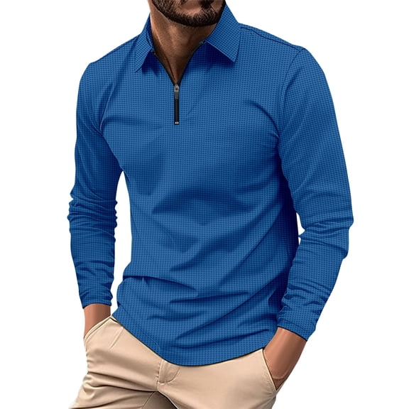 LWavelet Men's Houndstooth Quarter-Zip Shirt - Subtle Pattern Design, Perfect for Smart Casual & Weekend Plans Royal Blue L