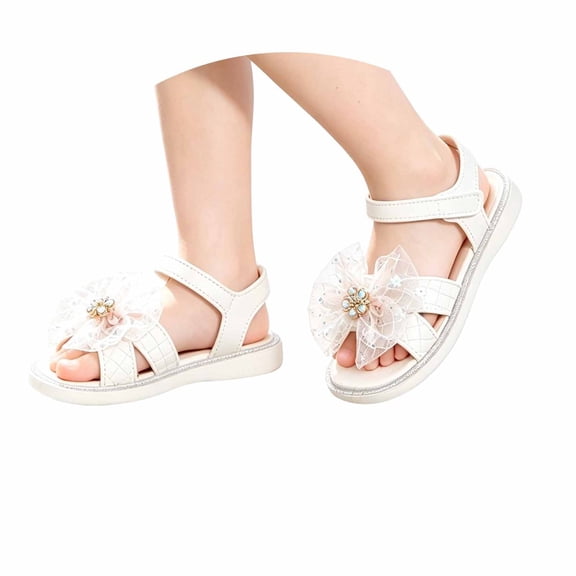HGIEYS Toddler Girls Pearl Bear Bow Princess Sandals Open Toe Soft Flat Soled Sandals Summer Fashion Shoes 11-12 Years