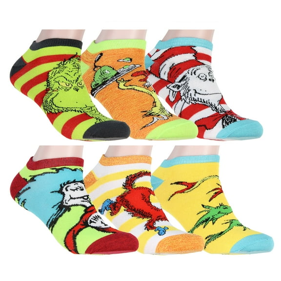 Dr. Seuss Socks Adult Book Character Designs 6 Pack Mix and Match No Show Ankle Socks