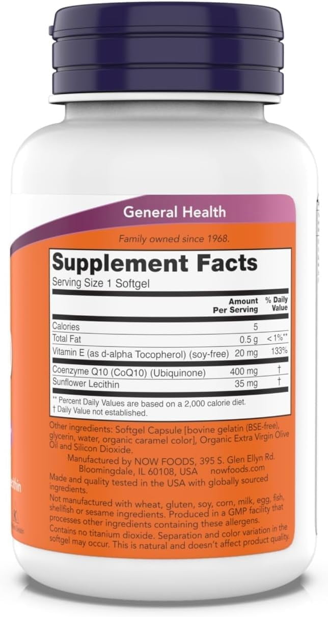 NOW Foods Supplements, CoQ10 400 mg, Pharmaceutical Grade, All-Trans Form Produced by Fermentation, 90 Softgels (Pack of 2)