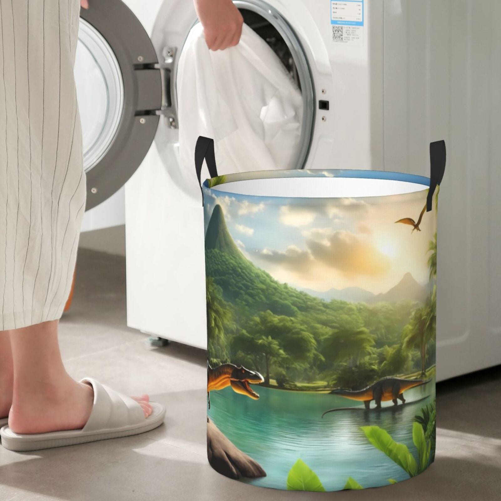 Large Laundry Basket with Handles - Lake Forest Dinosaur Kids Baby Dirty Clothes Laundry Hamper for Bedroom Aesthetic