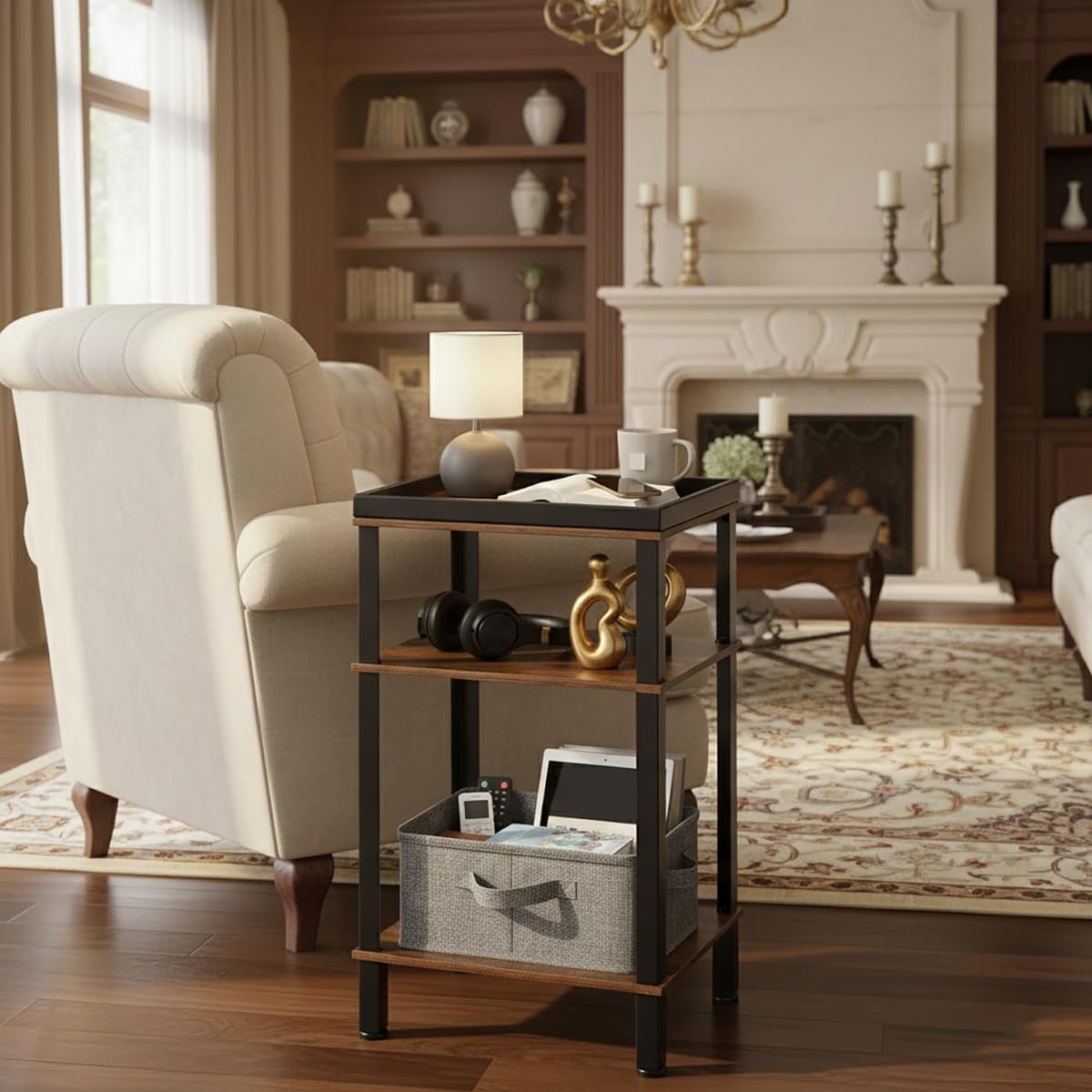 Small Side Table for Small Spaces - Slim End Table with Magazine Holder - 2 in 1 Design Narrow End Table Living Room - Skinny Bedside Table Nightstand Bedroom Thin Side Table, Rustic Brown