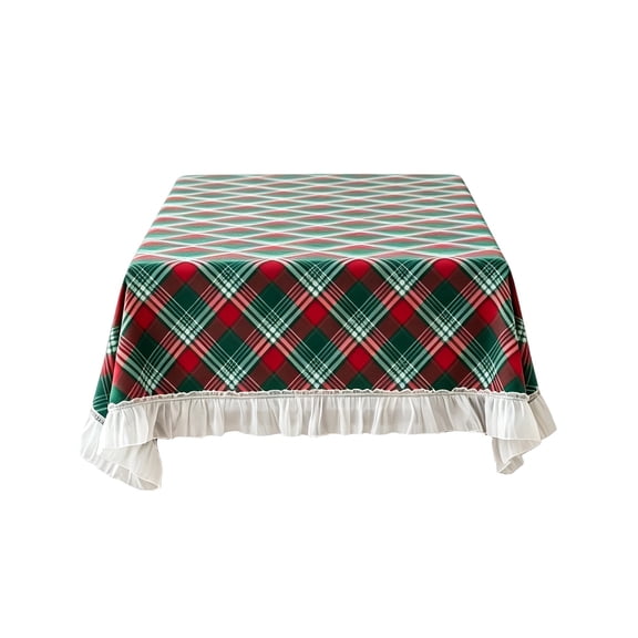 Christmas Red Green Plaid Tablecloth with White Ruffle Trim Holiday Dining Table Cover Festive Rectangle Tablecloth for Christmas Dinner Party Home Decor