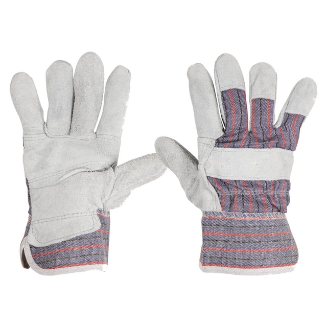 guantes de carnaza y loneta talla grande pretul pretul Par de guantes con palma y dedos en carnaza y dorso en tela tipo mezclilla a rayas, costuras visibles y puño amplio que protege la muñeca; indicados para trabajo ligero y manejo de herramientas manuales y eléctricas, apropiados para protección básica en obra.