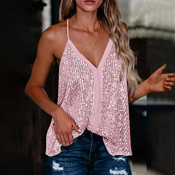 Mefallenssiah Tank tops Fashion Casual Womens Solid Patchword Sequins V-Neck Crop Tanks top Ladies Camis Vest (Pink,S)