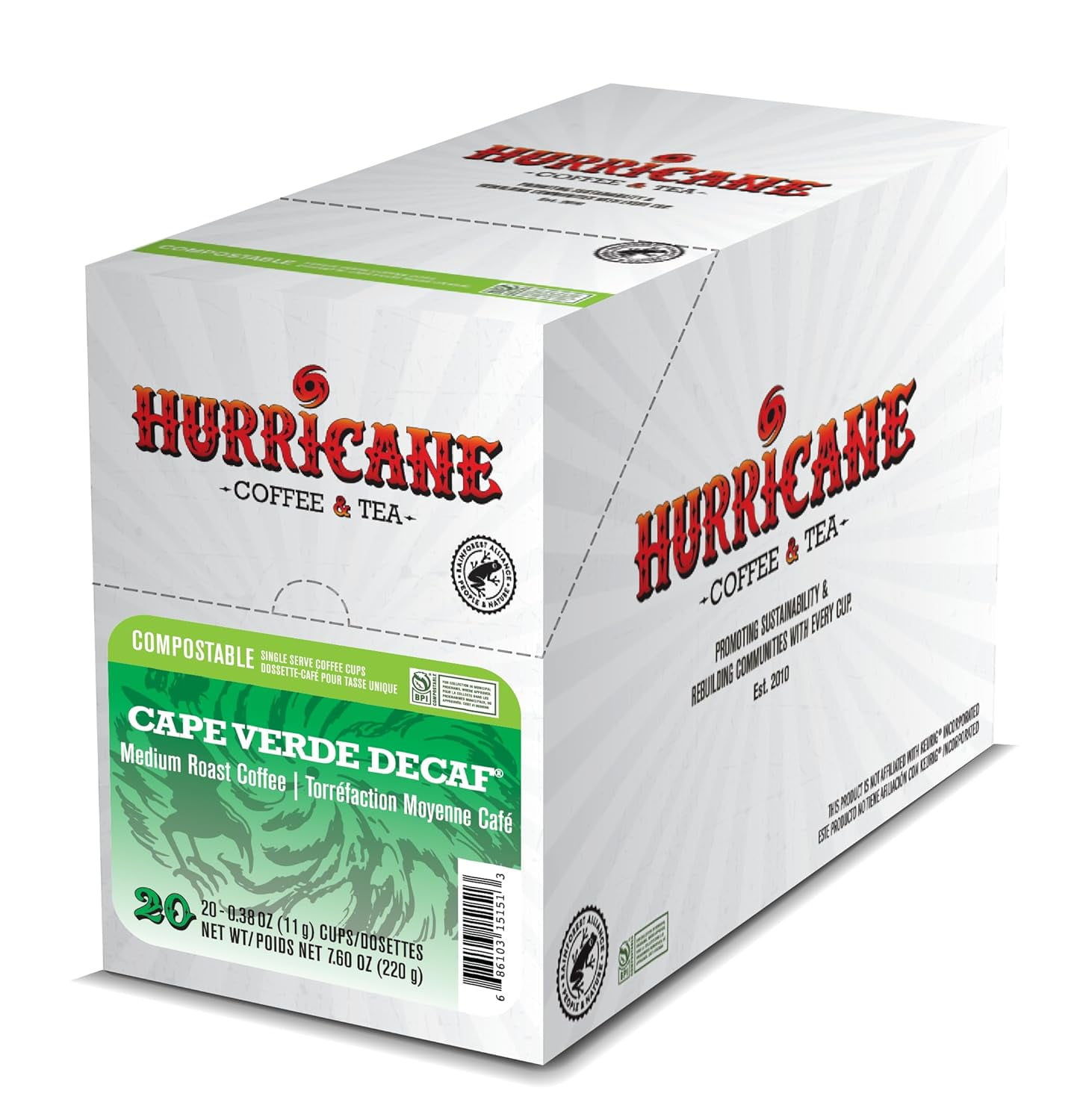 Hurricane Cape Verde Decaf Medium Roast Coffee, Compostable Single Serve Coffee Pods Compatible with Keurig K-Cup Brewers, 20 Count per Box, 4 Boxes
