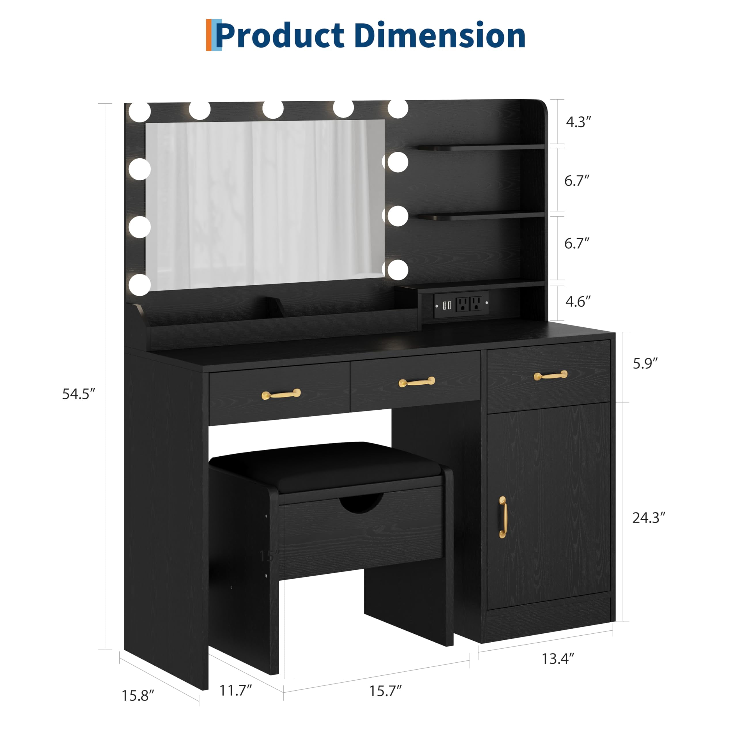 Vanity Desk with Lighted Mirror & Power Outlet, Modern Makeup Vanity Table with Drawers, Cabinets & Stool for Bedroom