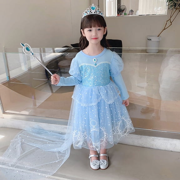 Yidarton New Frozen Princess Elsa Dress Girls' Autumn Long Sleeve Elsa Dress Children's Dress