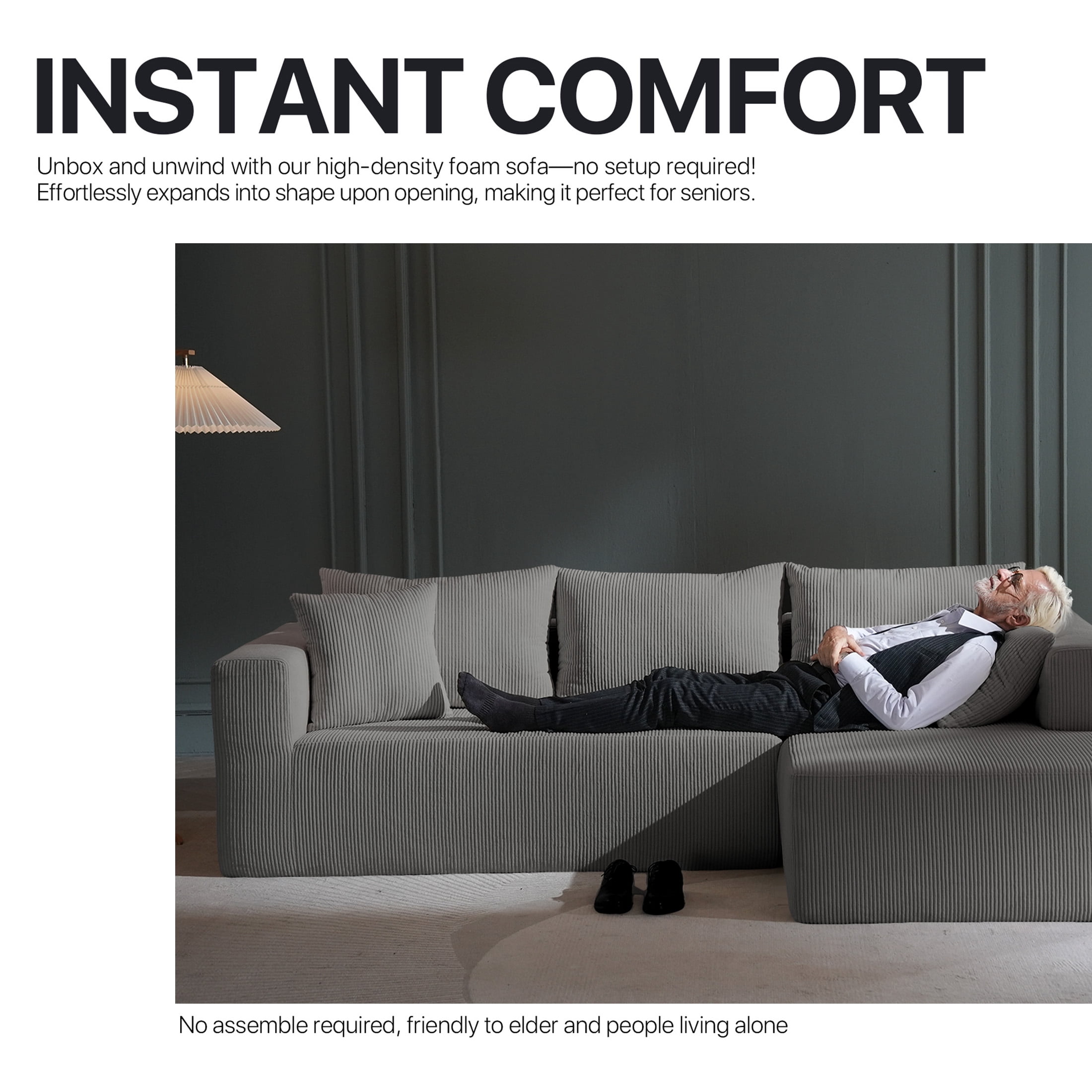 Focalsweet 107" L-Shaped Sofa Couch, Modular Sectional Living Room Sofa Set, Corduroy, No Assembly, Gray
