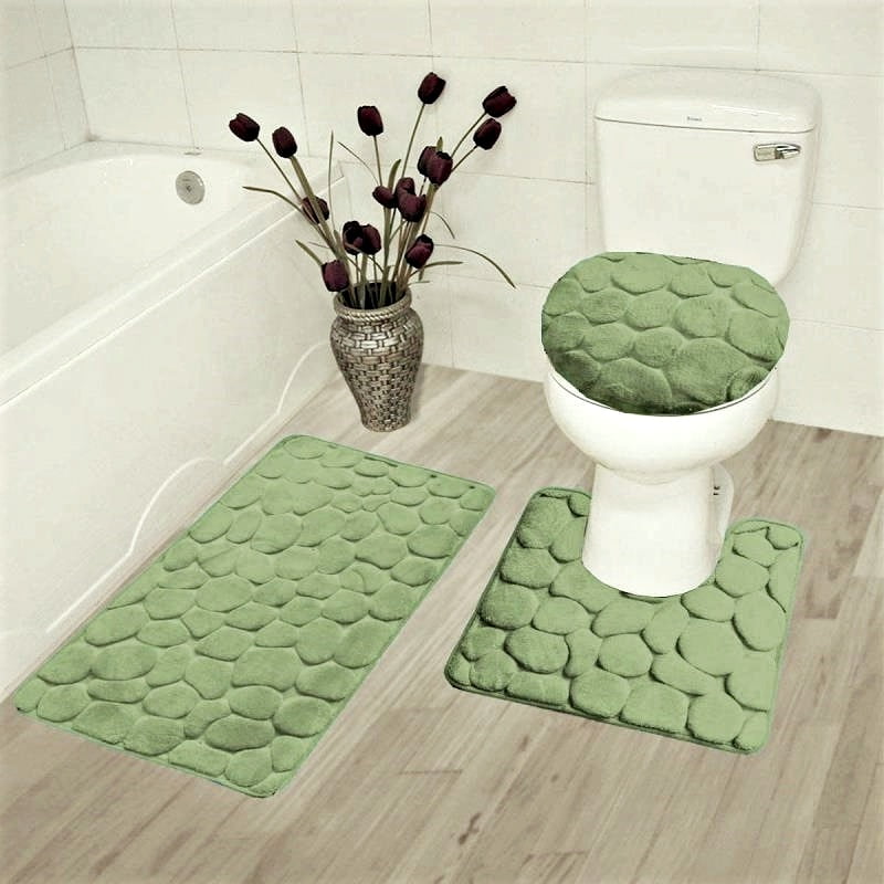 Bright Green 3-Piece Solid Bathroom Set Bath Mat Contour Rug Toilet Lid Cover 