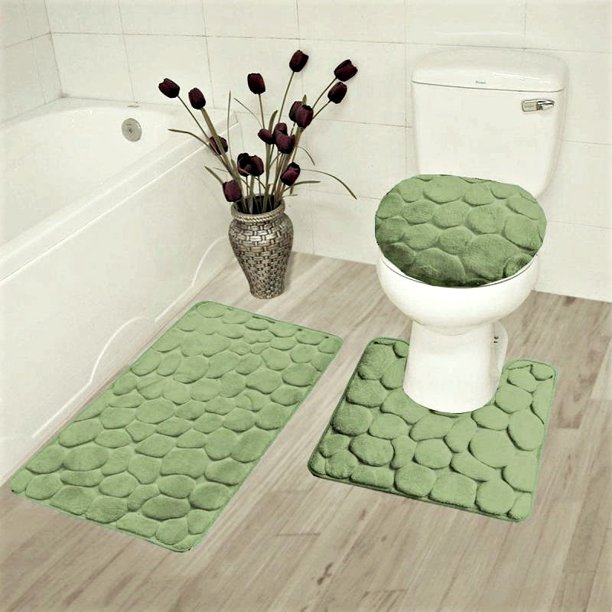 STONE GREEN 3Piece Bathroom Rug Set, Three (3) Shades Colors Bath Mat
