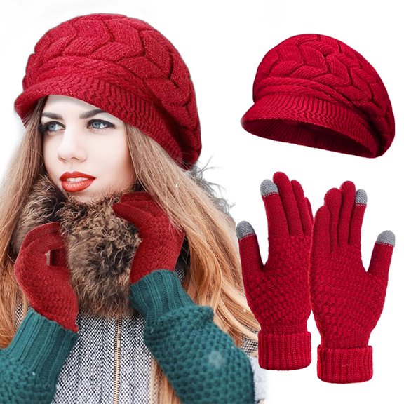 2-Pieces Women Winter Hat and Glove Set, Warm Knitted Beanie Hat Glove Snow Ski Skull Cap with Visor and Touchscreen Glove
