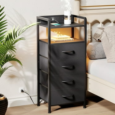 Bestco LED Nightstand End Table with Charging Station & 4 Drawers for Bedroom Black