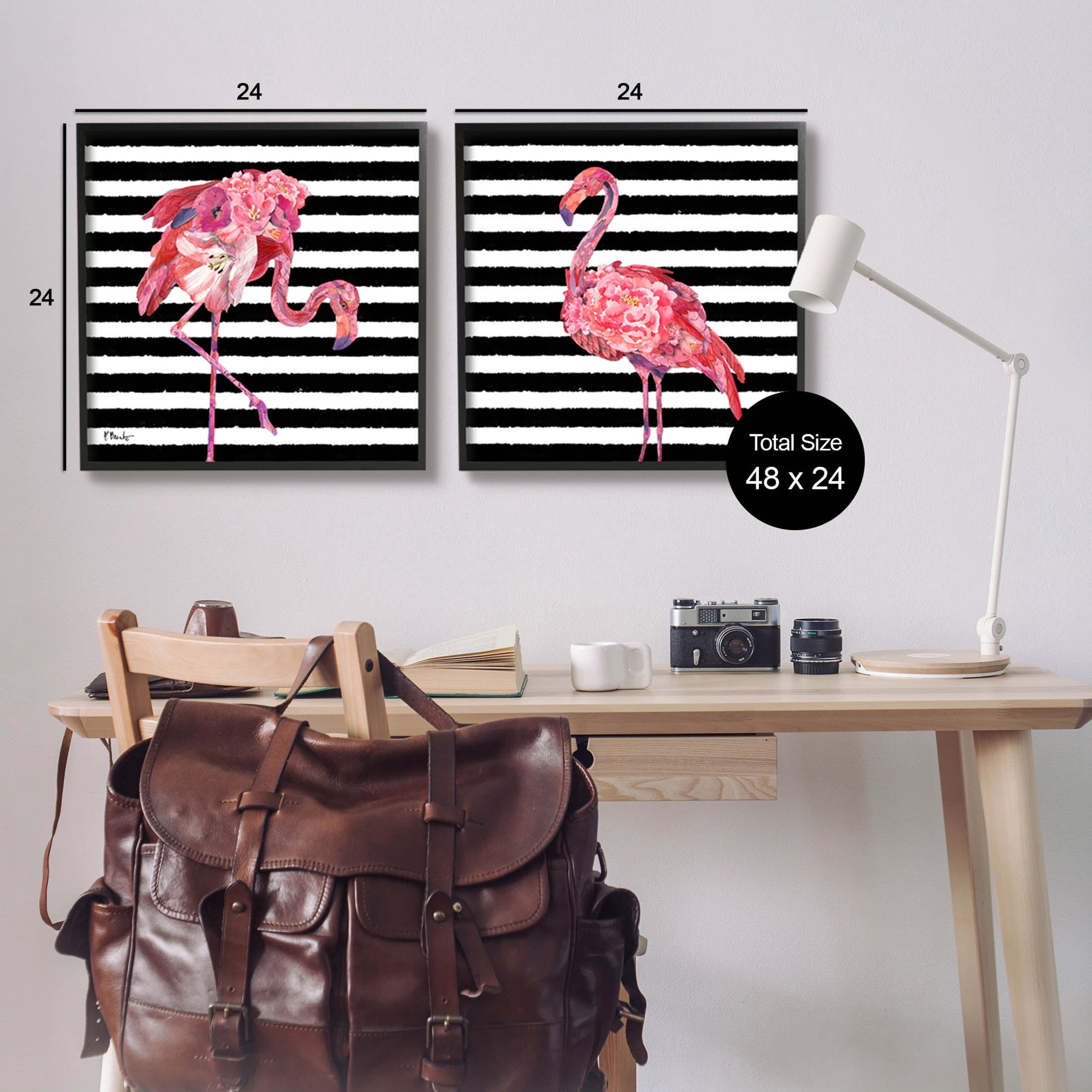 Bold Striped Flamingo Blossoms Animals & Insects Graphic Art Black Framed Art Print Wall Art, Set of 2