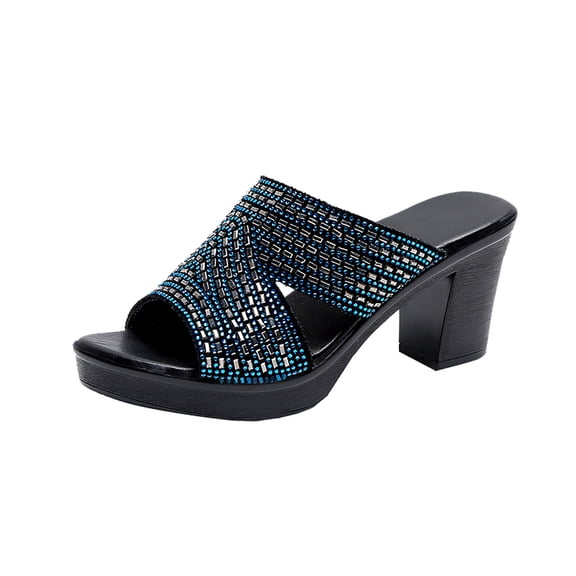 JeashCHAT Women's Heeled Sandals Rhinestone Backless Open Toe Slip On Slide Sandals High Block Chunky Heels Sandals Dress Pumps Shoes (Blue)