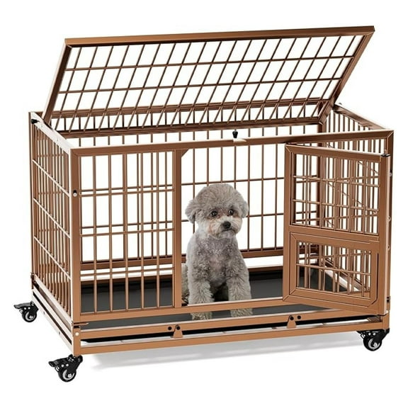 32 Inch Heavy Duty Dog Crate with Wheels, Folding Metal Dog Cage for Puppy/Small and Medium Dogs, Indestructible Dog Crate with Removable Tray (Brown)