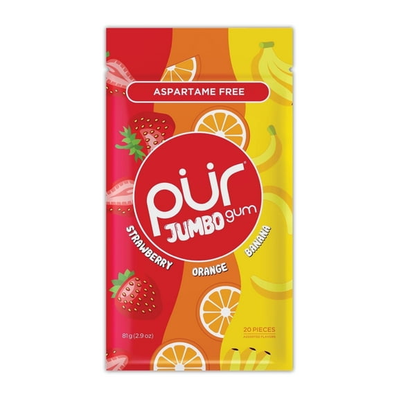 PUR Jumbo Gum, Aspartame Free Chewing Gum, 100% Xylitol, Natural Strawberry, Banana, Orange Flavor, 20 Pieces, Pack of 1