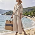 thumbnail image 2 of Daiosportswear Woman 3/4 Sleeve Vacationset Button V-Neck Loose Irregular Top and Split Wide Leg Trousers Suit,2 Piece Sets for Women Khaki S(S), 2 of 9