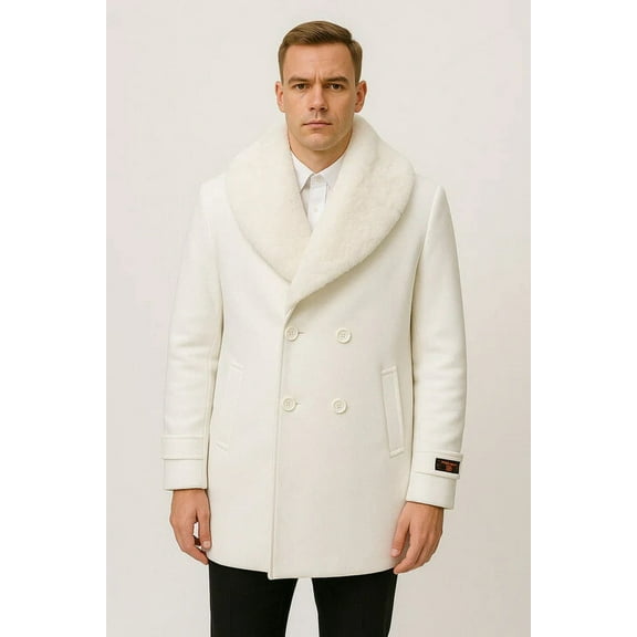 Mens White Peacoat Double-Breasted Overcoat with Faux Fur Shawl Collar – Alberto Nardoni Collection Wool Fabric