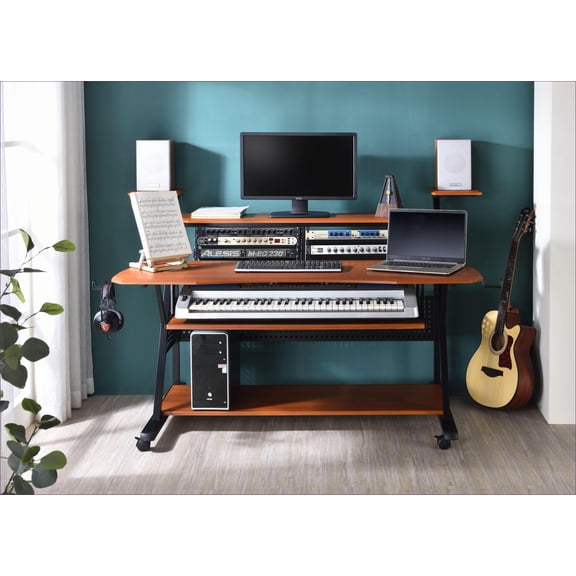 Desks for Musicians, Modern Cherry & Black Music Desk with Cable Management | Cherry | Synthetic Wood