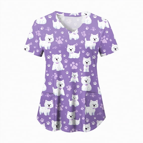 HCNTES Womens Animals Printed Nurse Uniforms Scrub Tops for Women, Short Sleeve V Neck Scrub Shirt with Pockets(Purple,XL)