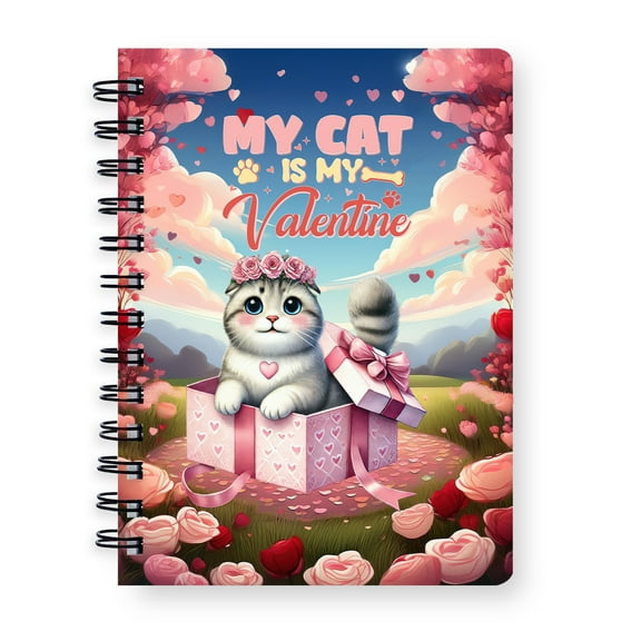 My Cat is My Valentine Cute Scottish Fold in Gift Box Spiral Bound Journal Cat Lover Kitten Owner Gifts 5x7in Spiral Notebook - 3006
