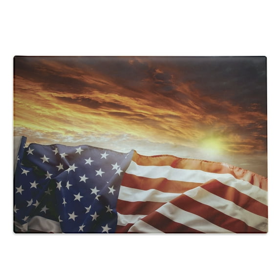 American Flag Cutting Board, Banner in Front of Sunset Sky Horizon America Union Idyllic Photograph, Decorative Tempered Glass Cutting and Serving Board, Large Size, Multicolor, by Ambesonne