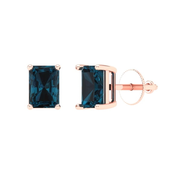 2 ct Screw-Back Stud Earrings for Women | 7x5mm Emerald Cut Natural London Blue Topaz | 18K Rose Gold