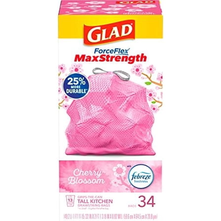 Glad Tall Kitchen Trash Bags 13 Gallon, MaxStrength Cherry Blossom Garbage Bags, Odorshield with Drawstring, 34 Count