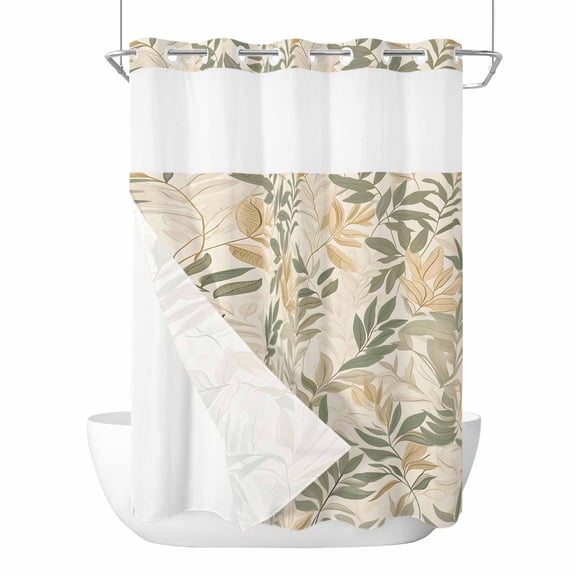 No Hook Shower Curtain, Sage Green Yellow Botanical Extra Long Bathtub Curtains with Snap in Liner, Vintage Spring Summer Waterproof Washable Fabric Shower Curtain Set, 72"W x 96"L