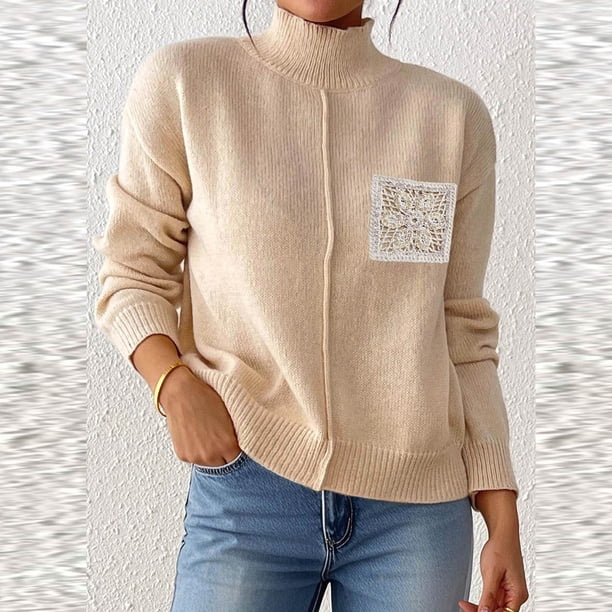 Suéter de cuello alto para mujer, blusas con empalmes de encaje, camiseta de cuello alto, suéter casual de moda, top acrílico para mujer