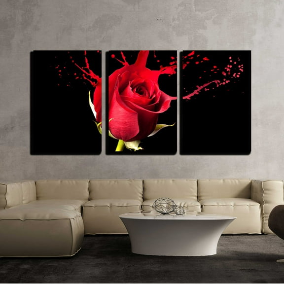 wall26 - 3 Piece Canvas Wall Art - Red Rose with Red Splashes on Black Background - Modern Home Art Stretched and Framed Ready to Hang - 16"x24"x3 Panels