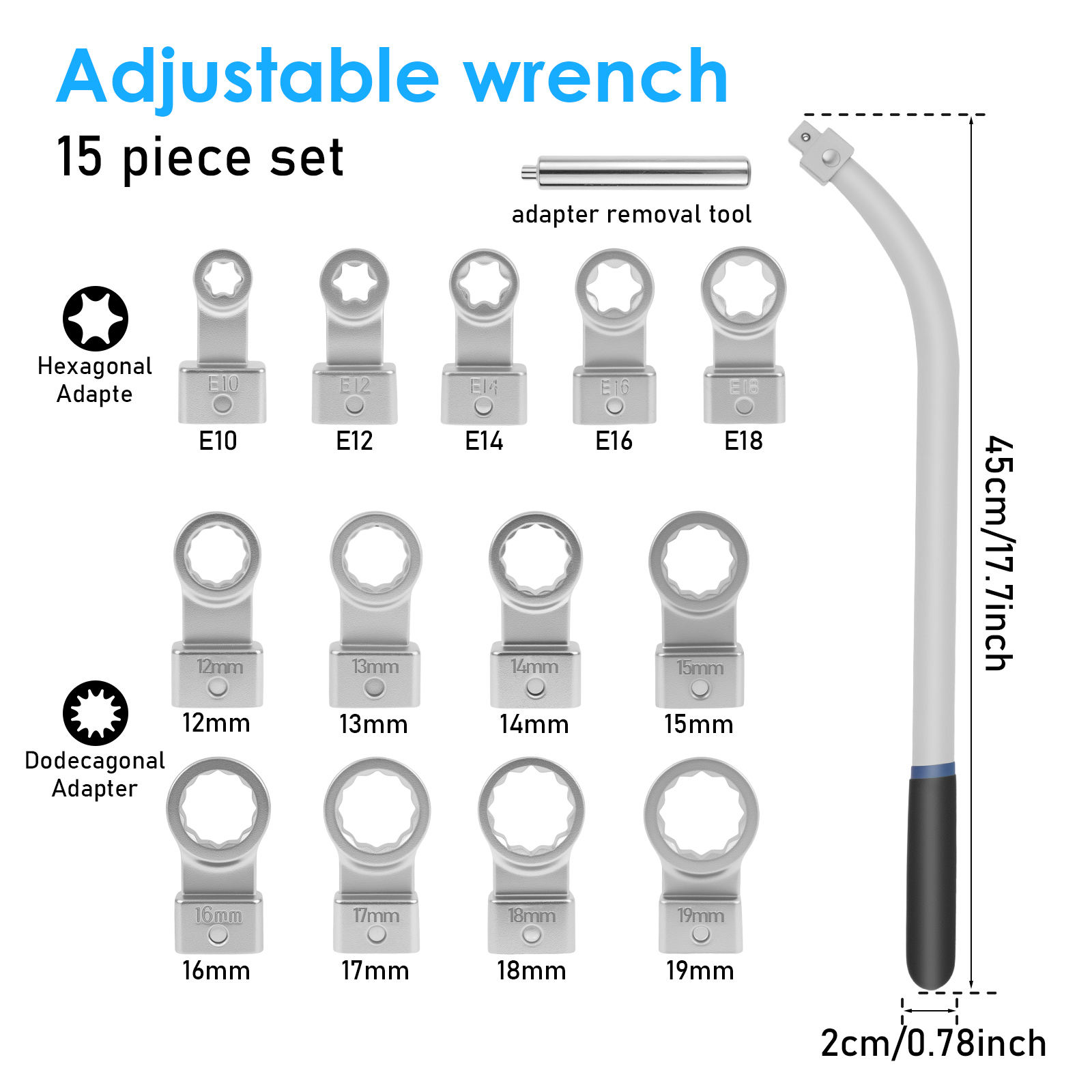 15Pcs Universal Auxiliary Idler Adjustment Wrench with Hex and Dodecagonal Adapters Kit (0.47"-0.74") Serpentine Belt Tension Pulley Wrench Set for Mechanical Repairs